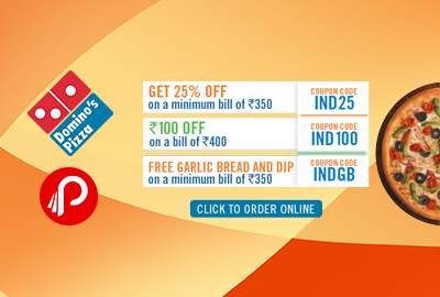 Get 25% flat off on rs.350 billing and rs.100 off on 400 billing -Domino