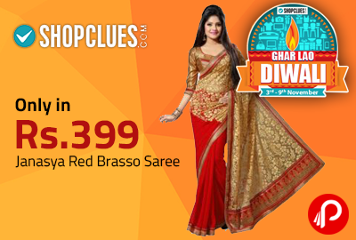 Only in Rs.399 Janasya Red Brasso Saree | Ghar Lao Diwali Sale - Shopclues