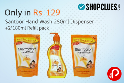 Only in Rs. 129 Santoor Hand Wash 250ml Dispenser +2*180ml Refill pack - Shopclues