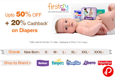 Get 50% off + 20% Cashback on Baby Diapers - Firstcry