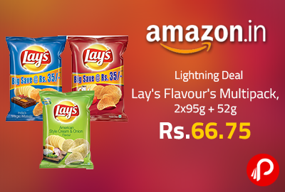Lay's Flavour's Multipack, 2x95g + 52g at Rs.66.75 | Lightning Deal - Amazon