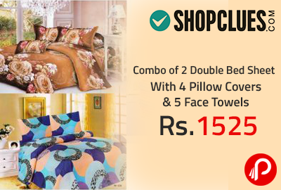 Combo of 2 Double Bed Sheet With 4 Pillow Covers & 5 Face Towels at Rs.1525 - Shopclues