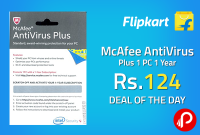 McAfee AntiVirus Plus 1 PC 1 Year at Rs.124 - Flipkart