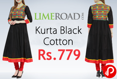 Kurta Black Cotton A Line at Rs.779 | 40% off - Limeroad