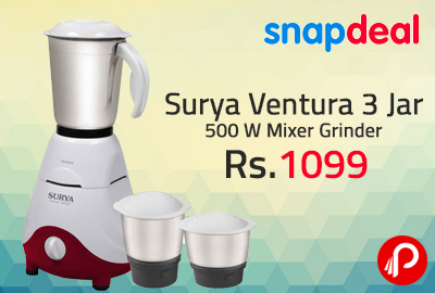 Surya Ventura 3 Jar 500 W Mixer Grinder at Rs.1099 - Snapdeal