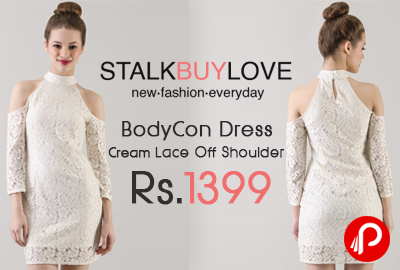BodyCon Dress Cream Lace Off Shoulder Just at Rs.1399 - StalkBuyLove