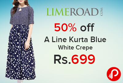 A Line Kurta Blue White Crepe 50% off just at Rs.699 - Limeroad