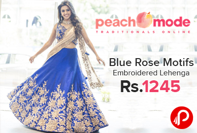 Blue Rose Motifs Embroidered Lehenga Just in Rs.1245 - Peachmode