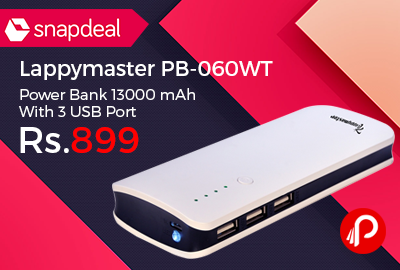 Lappymaster PB-060WT Power Bank 13000 mAh With 3 USB Port just at Rs.899 - Snapdeal