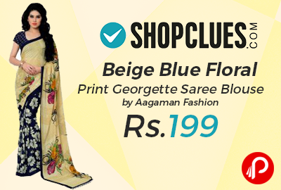 Beige Blue Floral Print Georgette Saree Blouse
