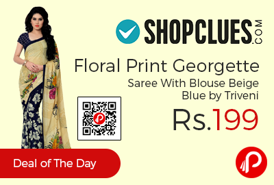 Floral Print Georgette Saree With Blouse Beige Blue