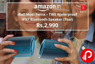 iBall Musi Twins – TWS Waterproof IPX7 Bluetooth Speaker (Teal) @ 2,990 - Amazon India