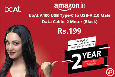 boAt A400 USB Type-C to USB-A 2.0 Male Data Cable, 2 Meter (Black) @ 199 - Amazon India