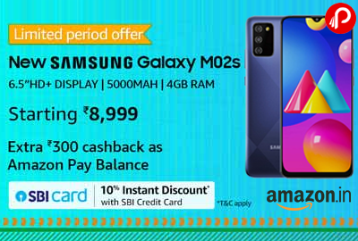 Samsung Galaxy M02s (Blue,3GB RAM, 32GB Storage) @ 8,999 - Amazon India