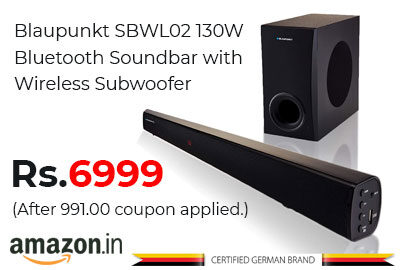 Blaupunkt 130W Bluetooth Soundbar with Wireless Subwoofer @ 6999 - Amazon India