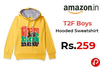 T2F Boys Chest Printed Hooded Sweatshirt @ 259 - Amazon India